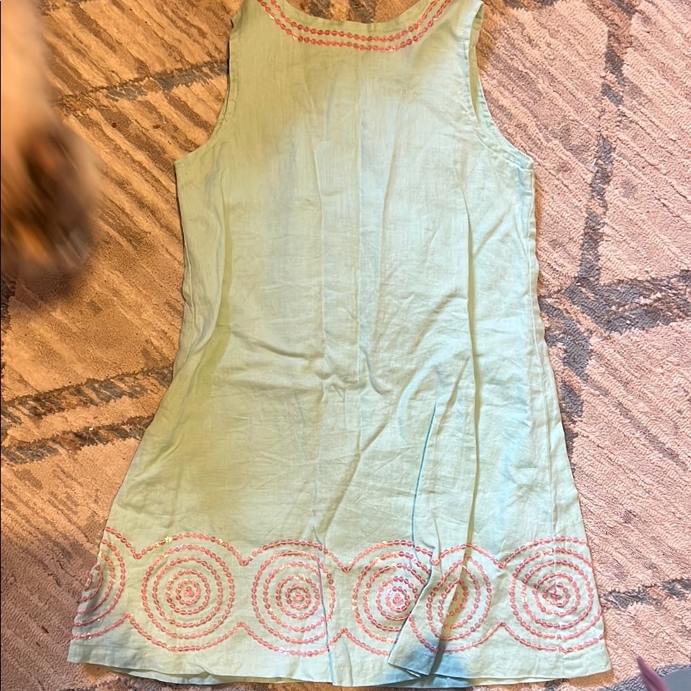 Mini Boden Green Dress with Pink Sequins. Linen and Cotton. Size 4-5 years